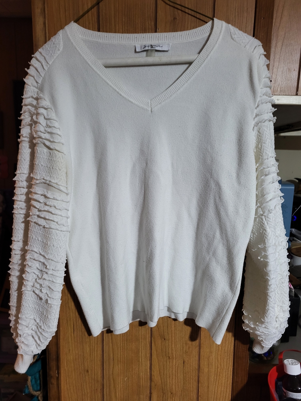 Sioni White V-Neck Sweater with Ruffle Detail Sleeves